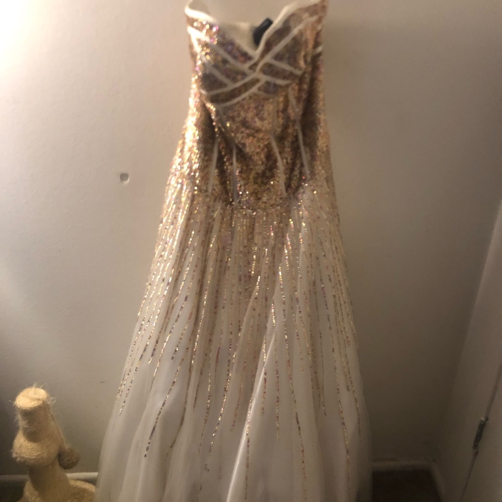 Glamour by Terani long white dress
With Gold Sequin 
From David’s Bridal